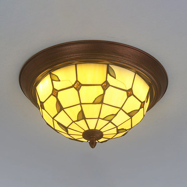 Beige Round Flushmount Lodge Stained Glass Ceiling Light Fixture With Floral/Geometric Elements /