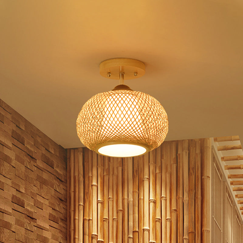 Bamboo Wood Lantern Semi-Flush Mount Ceiling Fixture - 10"/14"/16" Wide