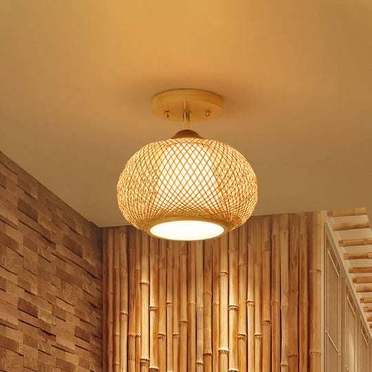 Bamboo Wood Lantern Semi-Flush Mount Ceiling Fixture - 10"/14"/16" Wide