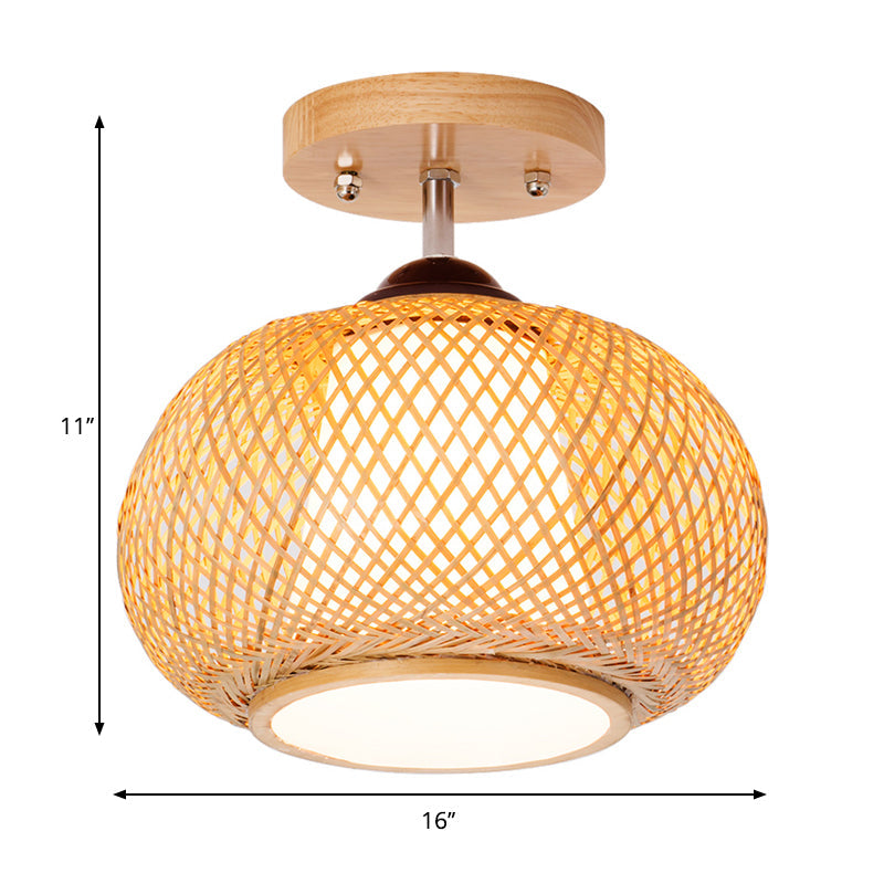 Bamboo Wood Lantern Semi-Flush Mount Ceiling Fixture - 10"/14"/16" Wide