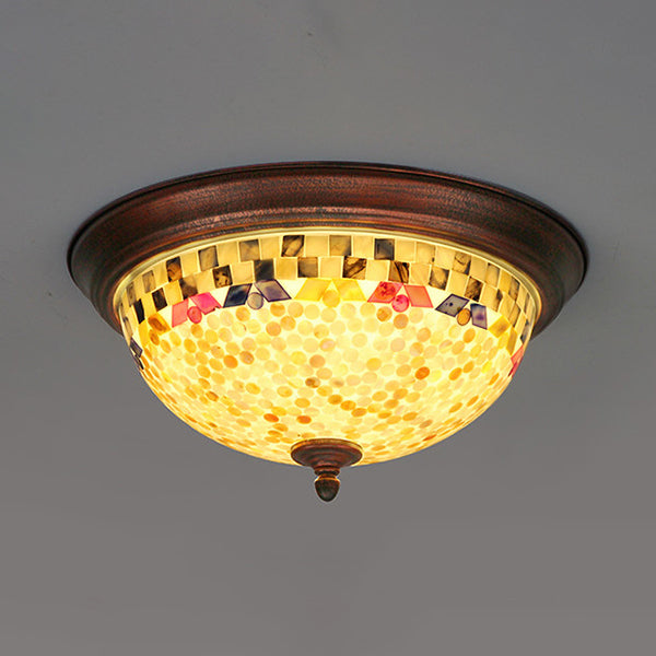 Beige Round Flushmount Lodge Stained Glass Ceiling Light Fixture With Floral/Geometric Elements /