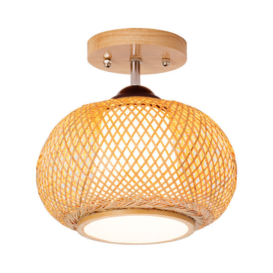 Bamboo Wood Lantern Semi-Flush Mount Ceiling Fixture - 10"/14"/16" Wide