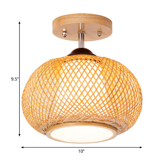 Bamboo Wood Lantern Semi-Flush Mount Ceiling Fixture - 10"/14"/16" Wide