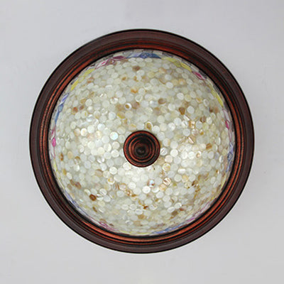 Beige Round Flushmount Lodge Stained Glass Ceiling Light Fixture With Floral/Geometric Elements