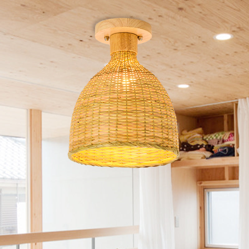 Modernist Bamboo Ceiling Mounted Semi Flush Light Fixture for Living Room - Wood Finish