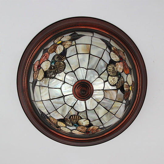 Beige Round Flushmount Lodge Stained Glass Ceiling Light Fixture With Floral/Geometric Elements