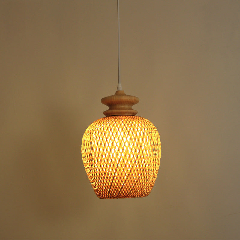 Bamboo Urn Suspension Light: Traditional Wood Ceiling Fixture For 1 Bulb