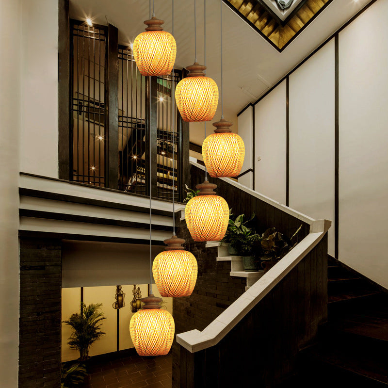 Bamboo Urn Suspension Light: Traditional Wood Ceiling Fixture For 1 Bulb