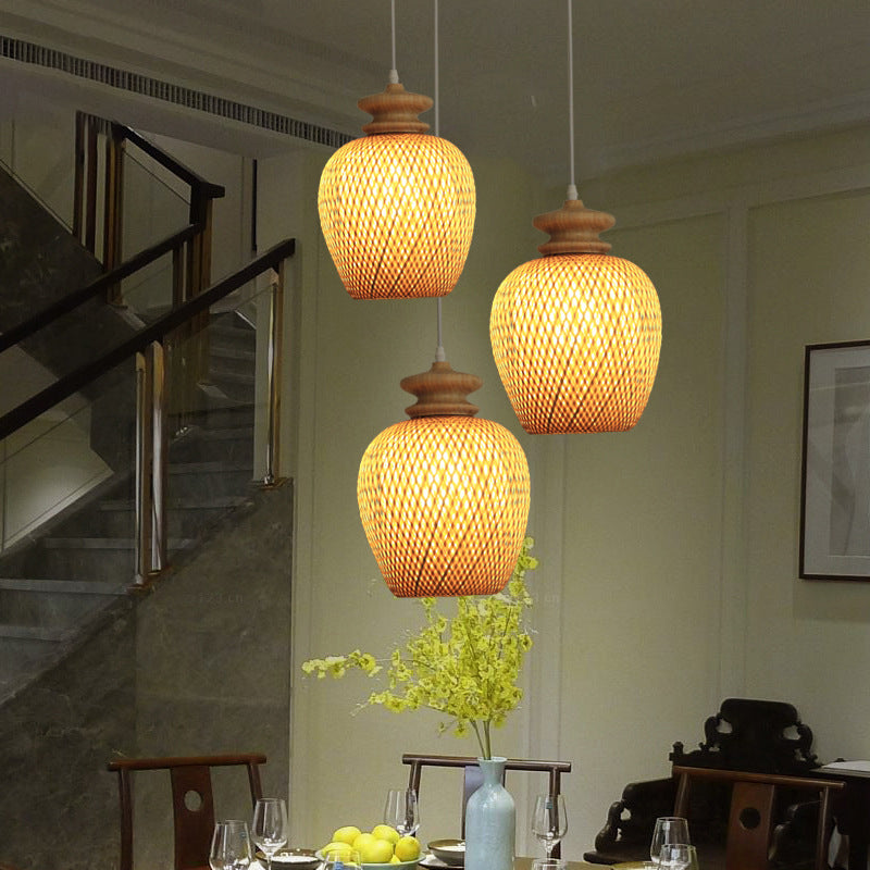 Bamboo Urn Suspension Light: Traditional Wood Ceiling Fixture For 1 Bulb