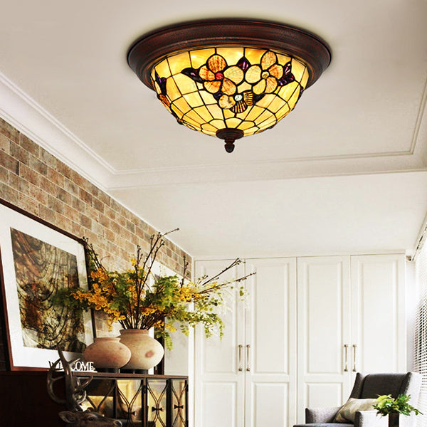 Beige Round Flushmount Lodge Stained Glass Ceiling Light Fixture With Floral/Geometric Elements /