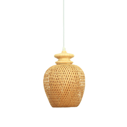 Bamboo Urn Suspension Light: Traditional Wood Ceiling Fixture For 1 Bulb