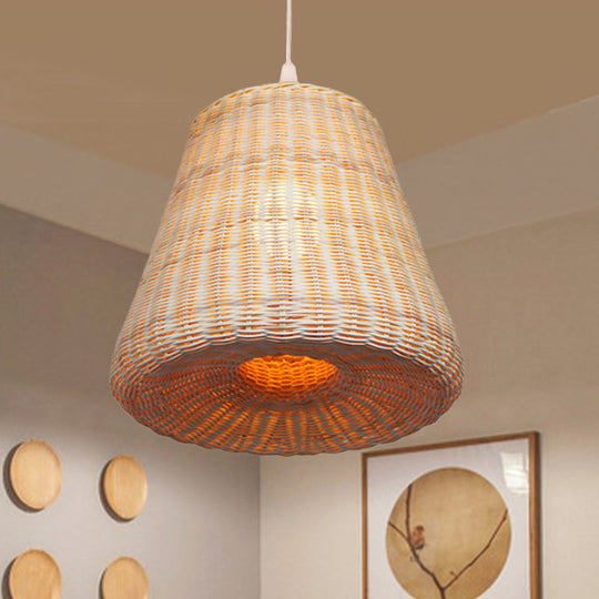 Wood Cone Pendant Lamp With Bamboo Shade - Traditional 1 Bulb Hanging Light Fixture