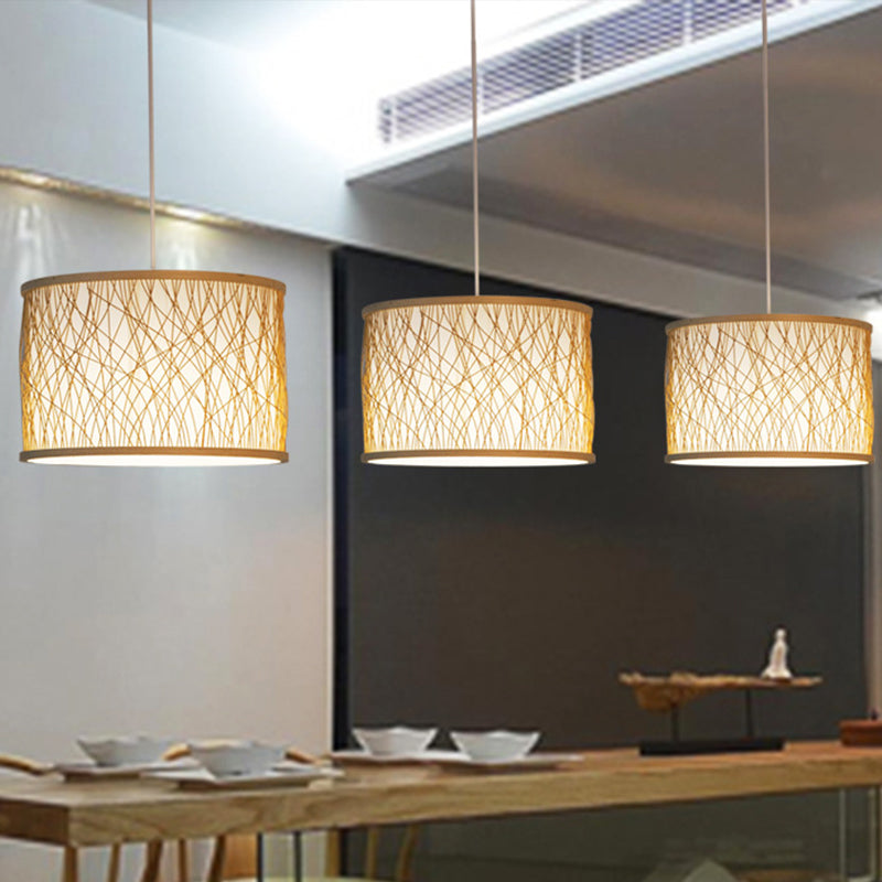 Modern Bamboo Pendant Lighting with Cylindrical Design - Wood Fixture, 1 Bulb Hanging Light