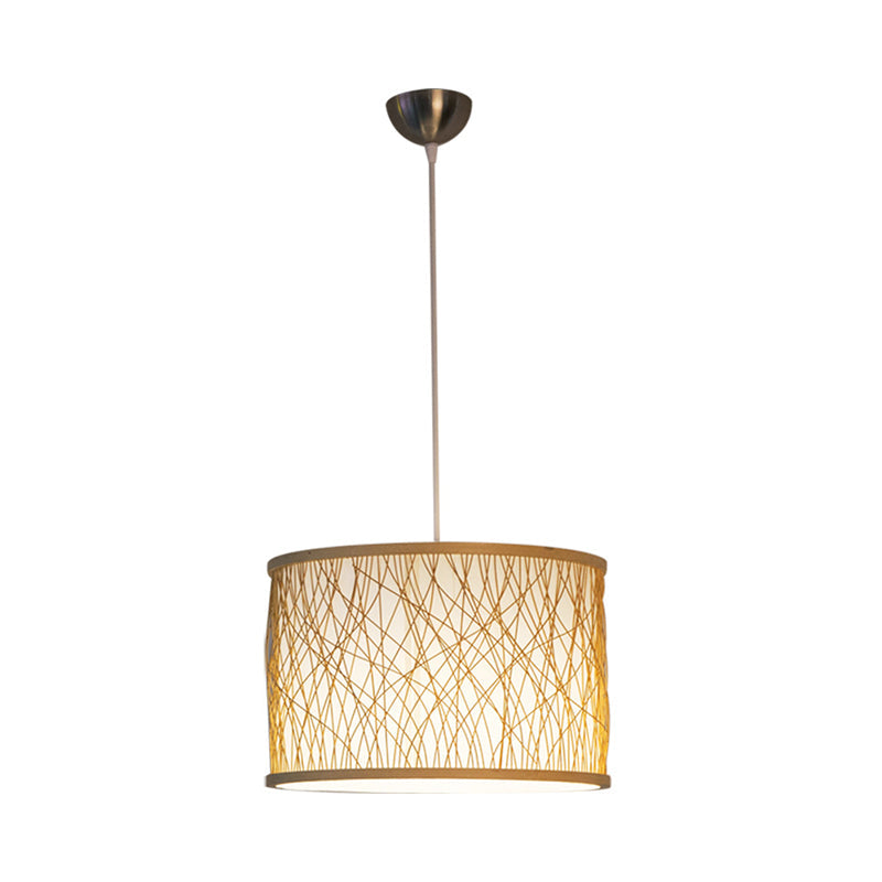 Modern Bamboo Pendant Lighting with Cylindrical Design - Wood Fixture, 1 Bulb Hanging Light