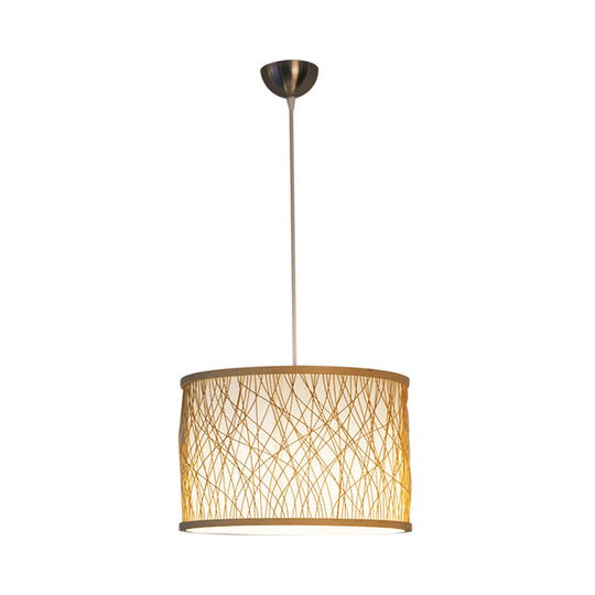 Modern Bamboo Pendant Lighting with Cylindrical Design - Wood Fixture, 1 Bulb Hanging Light