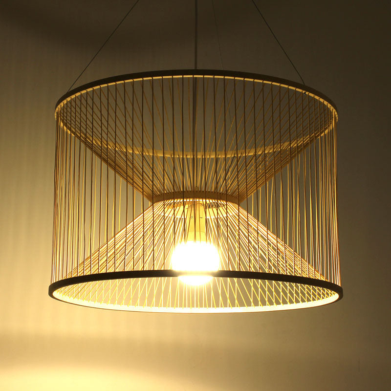 Rustic Bamboo Hourglass Pendant Lamp With Wood Accent - Ideal For Living Room Ceiling Lighting