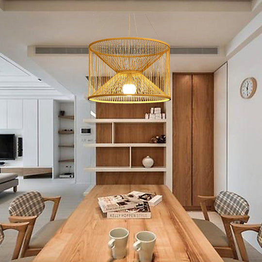 Rustic Bamboo Hourglass Pendant Lamp With Wood Accent - Ideal For Living Room Ceiling Lighting