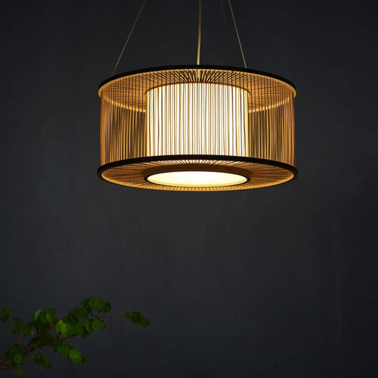 Bamboo Drum Pendant Light Kit With Wood Suspension - 1 Bulb 16/19.5 Wide