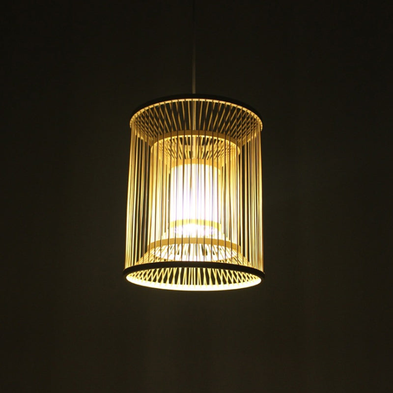 Bamboo Cylindrical Pendant Light - Wood Hanging Lamp Kit For Tearoom