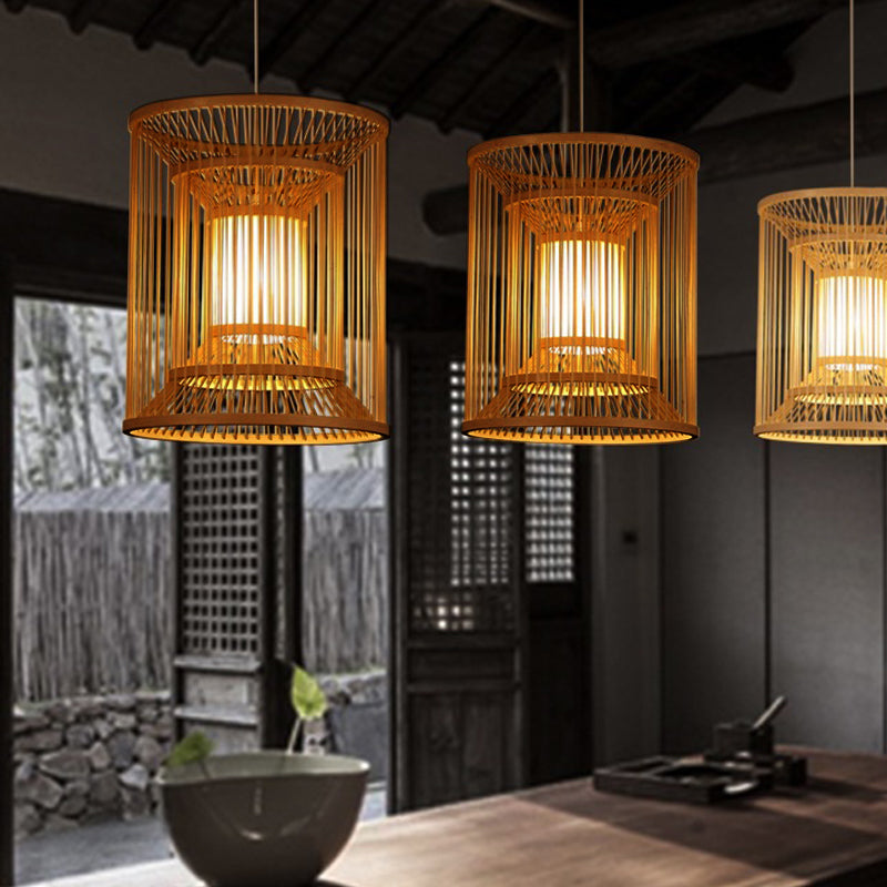 Bamboo Cylindrical Pendant Light - Wood Hanging Lamp Kit For Tearoom