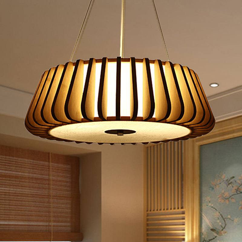 Wide Tapered Suspension Lighting - Traditional Wood 1-Bulb Nickel Hanging Ceiling Light - 19.5"/23.5