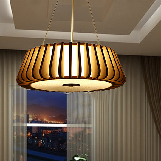 Wide Tapered Suspension Lighting - Traditional Wood 1-Bulb Nickel Hanging Ceiling Light - 19.5"/23.5