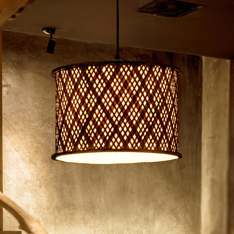 Contemporary Dark Brown Bamboo Pendant Light Kit - Woven Suspension 1 Bulb