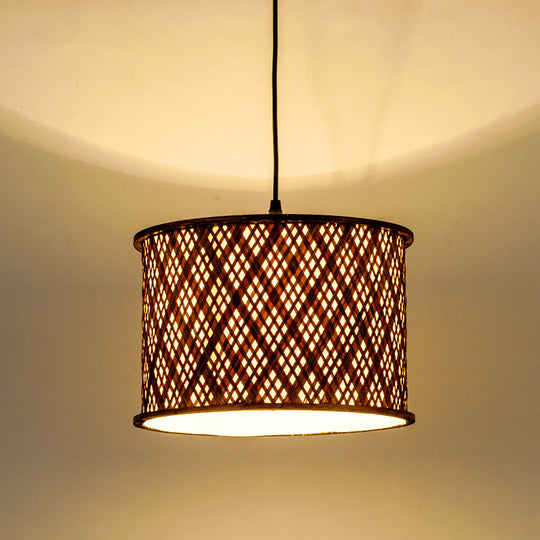 Contemporary Dark Brown Bamboo Pendant Light Kit - Woven Suspension 1 Bulb