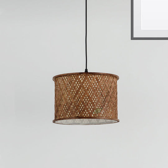 Contemporary Dark Brown Bamboo Pendant Light Kit - Woven Suspension 1 Bulb