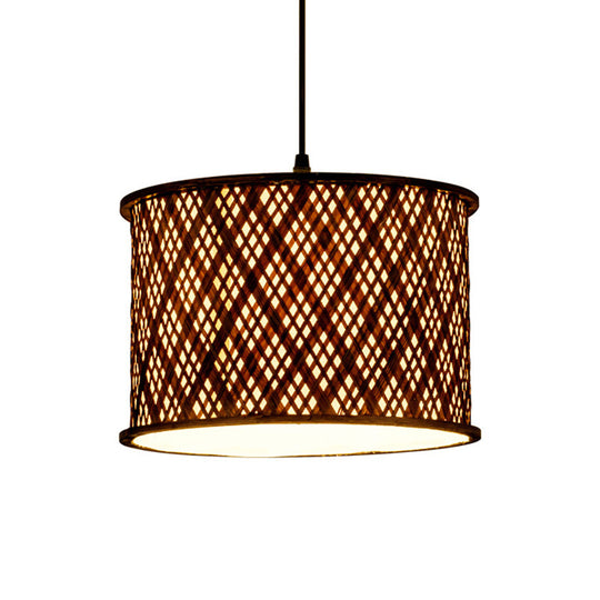 Contemporary Dark Brown Bamboo Pendant Light Kit - Woven Suspension 1 Bulb