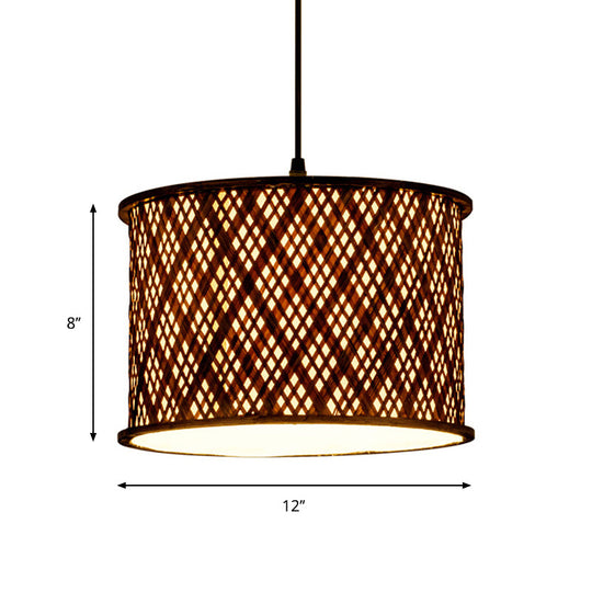 Contemporary Dark Brown Bamboo Pendant Light Kit - Woven Suspension 1 Bulb