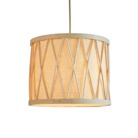 Modern Bamboo Drum Ceiling Lamp In Beige For Living Room - 1 Bulb Pendant Light