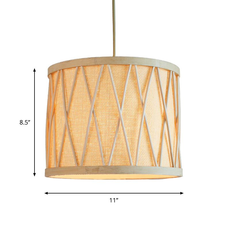 Modern Bamboo Drum Ceiling Lamp In Beige For Living Room - 1 Bulb Pendant Light