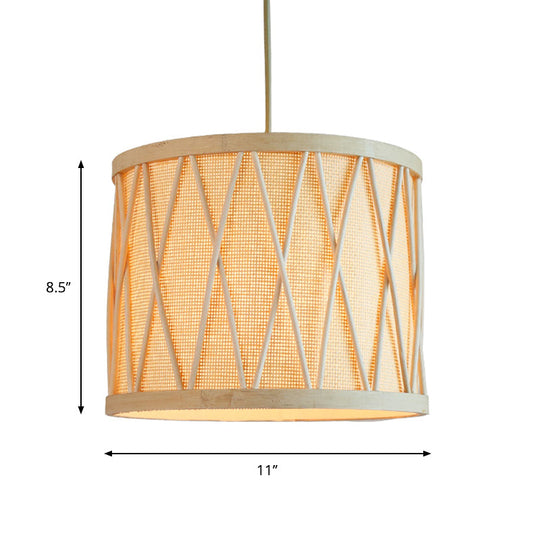 Modern Bamboo Drum Ceiling Lamp In Beige For Living Room - 1 Bulb Pendant Light