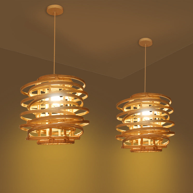 Retro Bamboo Pendant Light For Restaurants - Wood Circle Design