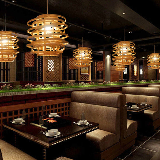 Retro Bamboo Pendant Light For Restaurants - Wood Circle Design