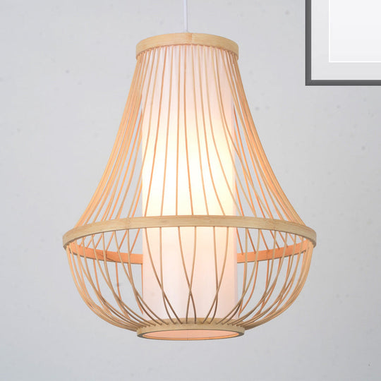 Contemporary Bamboo Pendant Light Fixture With Pear/Urn Design - Wood