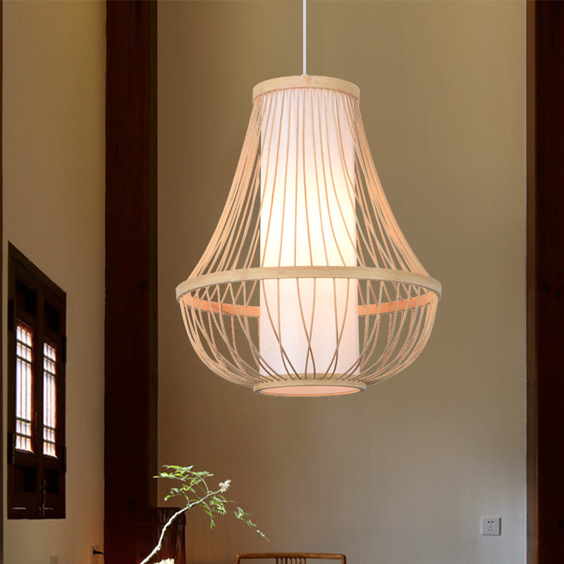 Contemporary Bamboo Pendant Light Fixture With Pear/Urn Design - Wood