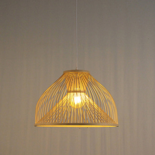 Contemporary Bamboo Dome Suspension Pendant Light - Wood 1-Head Ceiling Hanging Lamp