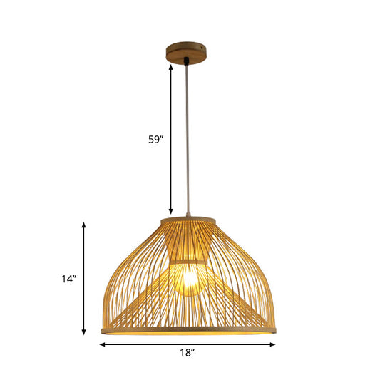 Contemporary Bamboo Dome Suspension Pendant Light - Wood 1-Head Ceiling Hanging Lamp