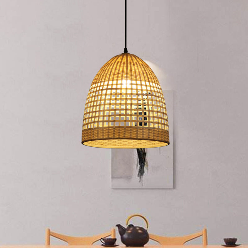 Bamboo Bell Pendant Light Rustic Wood Hanging Lamp For Restaurants