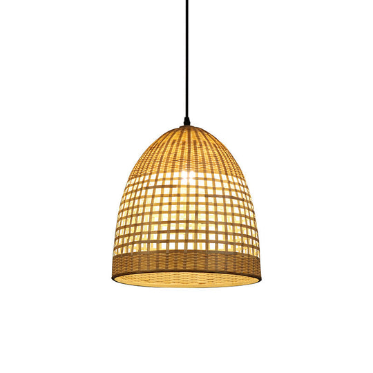 Bamboo Bell Pendant Light Rustic Wood Hanging Lamp For Restaurants