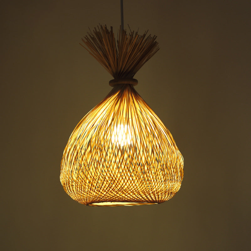 Handwoven Bamboo Shade Pendant Light With Asian Wood Fixture For Restaurants