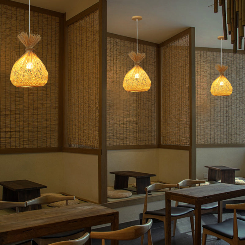 Handwoven Bamboo Shade Pendant Light With Asian Wood Fixture For Restaurants