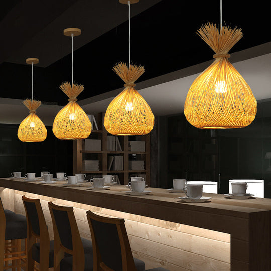 Handwoven Bamboo Shade Pendant Light With Asian Wood Fixture For Restaurants