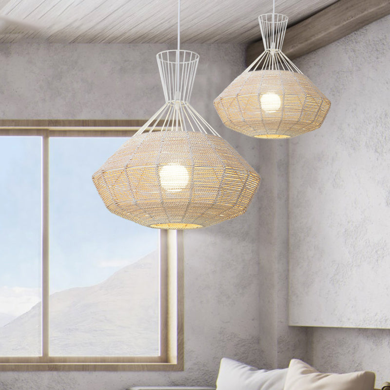 Rattan Diamond Suspension Ceiling Light - Traditional Wood Hanging Lamp 1 Bulb 14/18 Wide