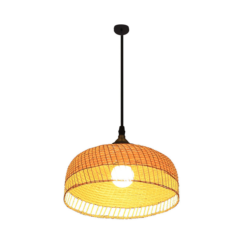 Contemporary Bamboo Wood Dome Pendant Light With Suspension - 1 Bulb Hanging Fixture