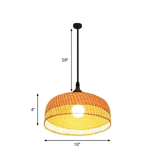 Contemporary Bamboo Wood Dome Pendant Light With Suspension - 1 Bulb Hanging Fixture