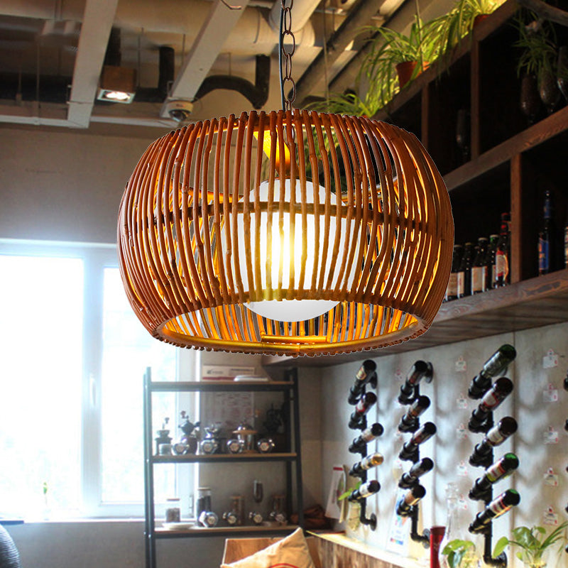 Retro Red Brown Drum Hanging Lamp With Opal Glass Shade