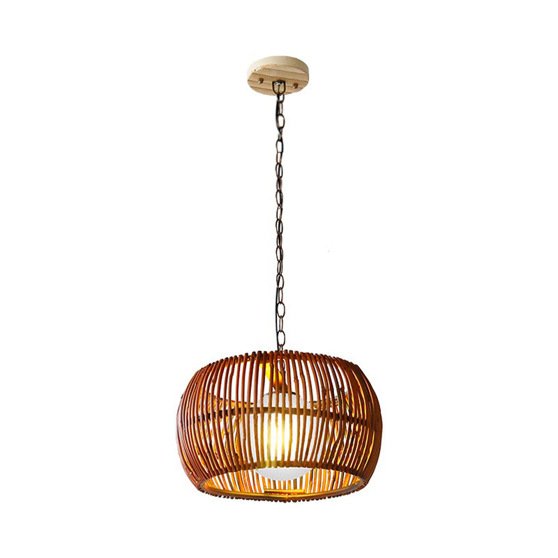 Retro Red Brown Drum Hanging Lamp With Opal Glass Shade